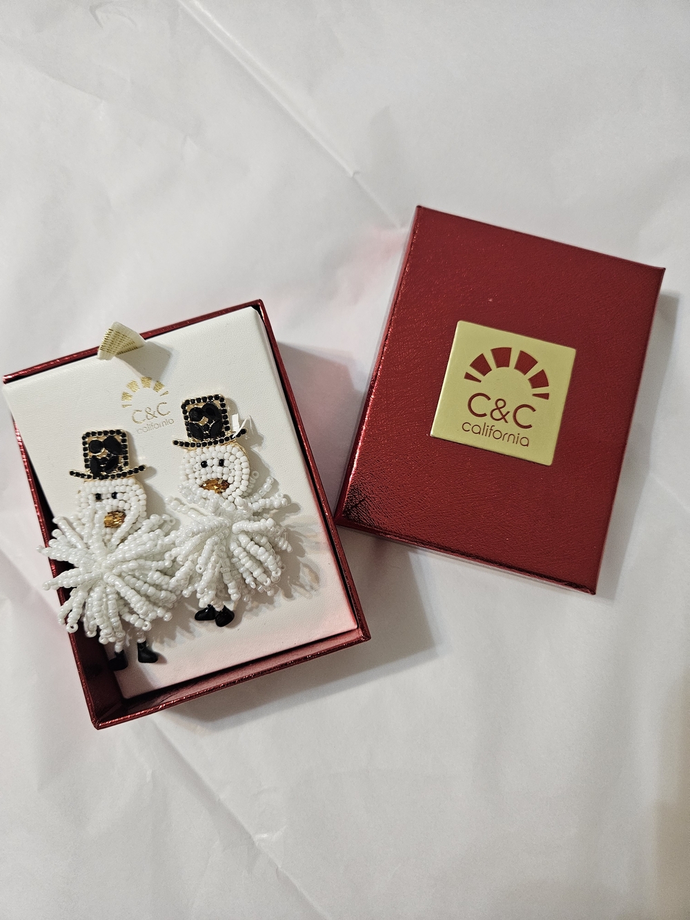 C&C California White Beaded Snowman Fringe Earrings with Black & Gold Hats